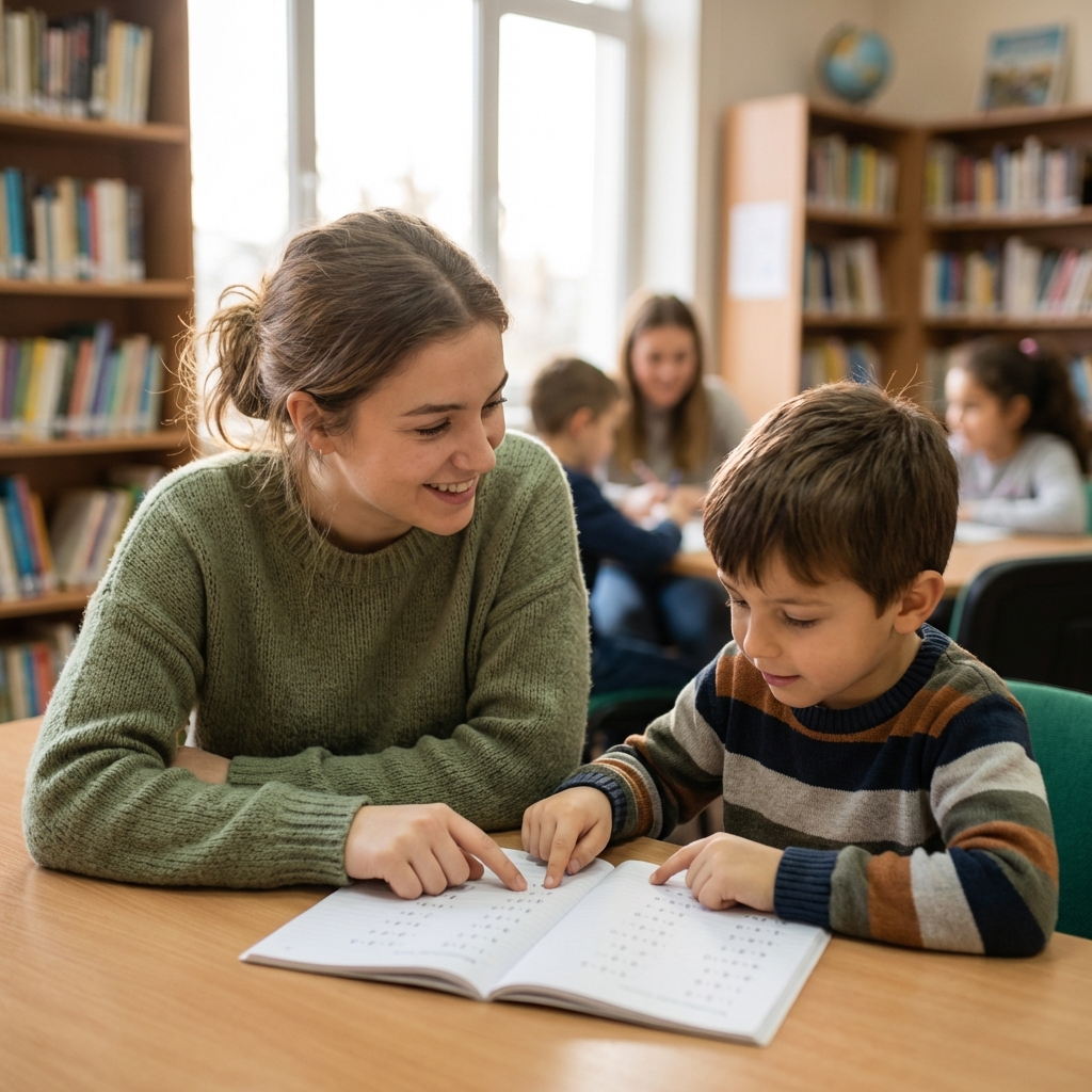 Junge Helferin bei Hausaufgaben